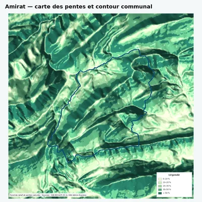 Carte des pentes de Amirat avec contour communal