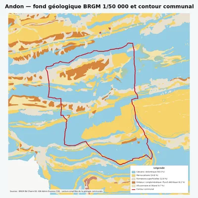 Carte géologique BRGM de Andon avec contour communal