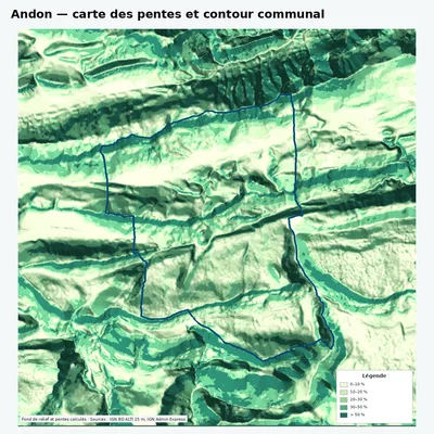 Carte des pentes de Andon avec contour communal