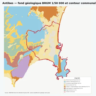 Carte géologique BRGM de Antibes avec contour communal