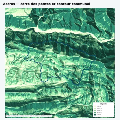 Carte des pentes de Ascros avec contour communal