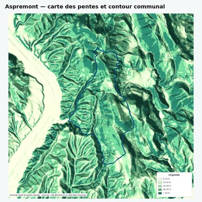 Carte des pentes de Aspremont avec contour communal
