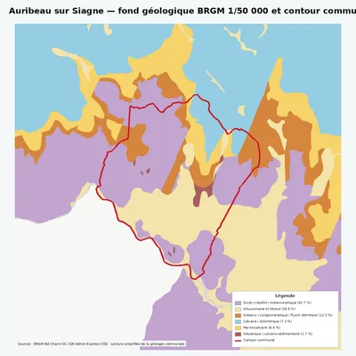 Carte géologique BRGM de Auribeau sur Siagne avec contour communal