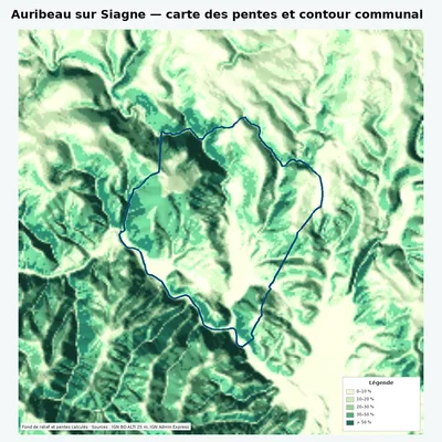 Carte des pentes de Auribeau sur Siagne avec contour communal