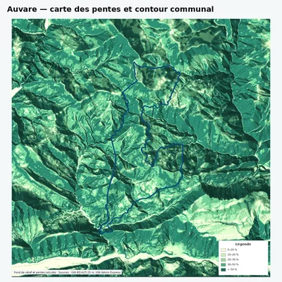 Carte des pentes de Auvare avec contour communal