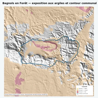 Carte argiles RGA de Bagnols en Forêt avec contour communal
