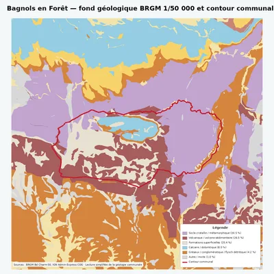 Carte géologique BRGM de Bagnols en Forêt avec contour communal