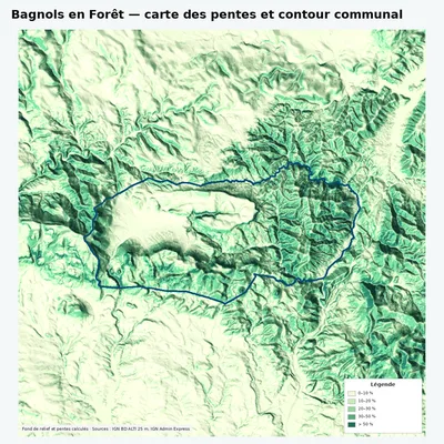 Carte des pentes de Bagnols en Forêt avec contour communal
