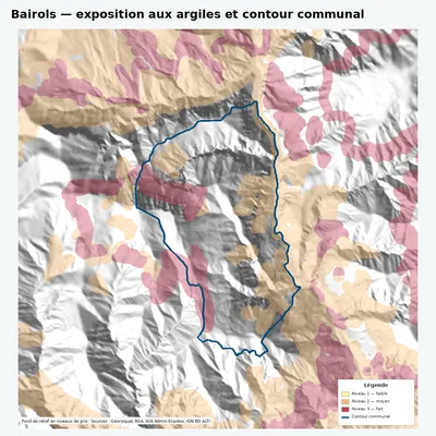 Carte argiles RGA de Bairols avec contour communal