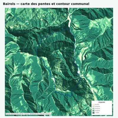 Carte des pentes de Bairols avec contour communal
