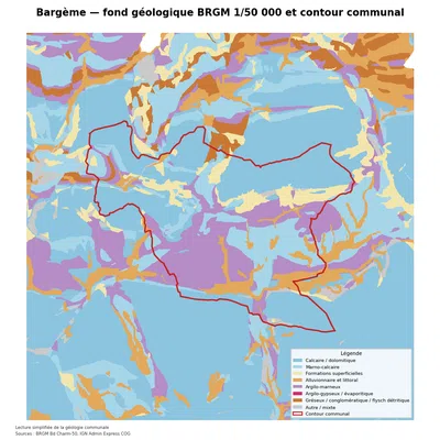 Carte géologique BRGM de Bargème avec contour communal