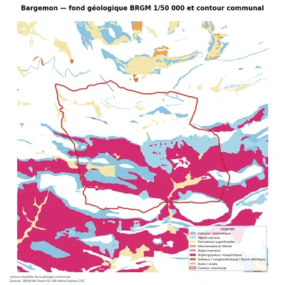 Carte géologique BRGM de Bargemon avec contour communal