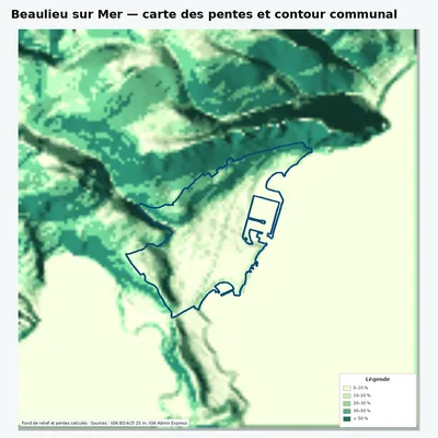 Carte des pentes de Beaulieu sur Mer avec contour communal