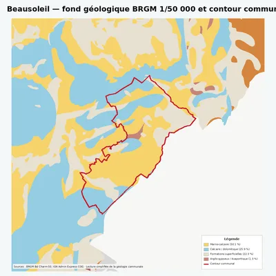 Carte géologique BRGM de Beausoleil avec contour communal
