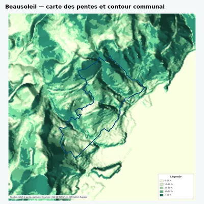 Carte des pentes de Beausoleil avec contour communal