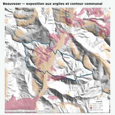 Carte argiles RGA de Beauvezer avec contour communal