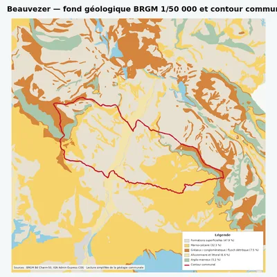 Carte géologique BRGM de Beauvezer avec contour communal