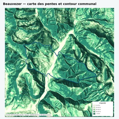 Carte des pentes de Beauvezer avec contour communal