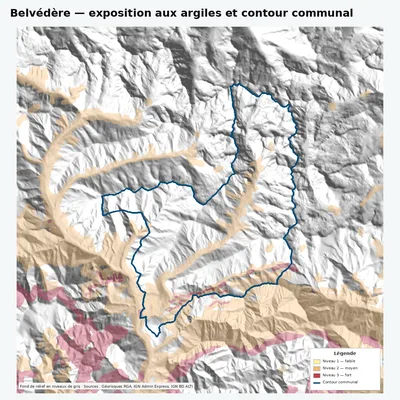 Carte argiles RGA de Belvédère avec contour communal