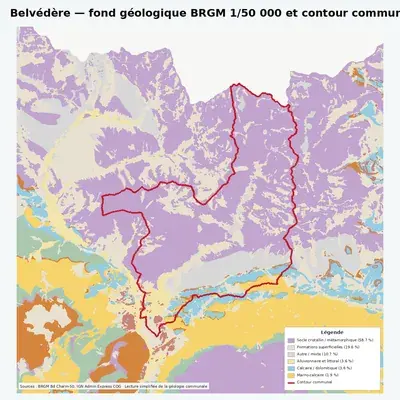Carte géologique BRGM de Belvédère avec contour communal
