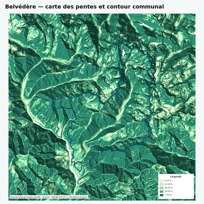 Carte des pentes de Belvédère avec contour communal