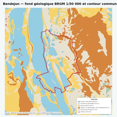 Carte géologique BRGM de Bendejun avec contour communal