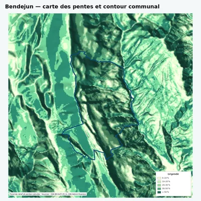 Carte des pentes de Bendejun avec contour communal