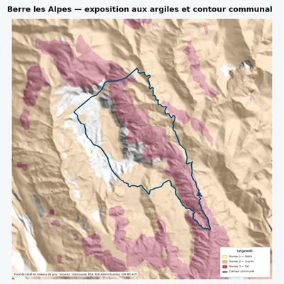 Carte argiles RGA de Berre les Alpes avec contour communal