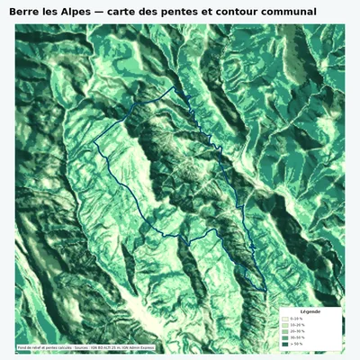 Carte des pentes de Berre les Alpes avec contour communal