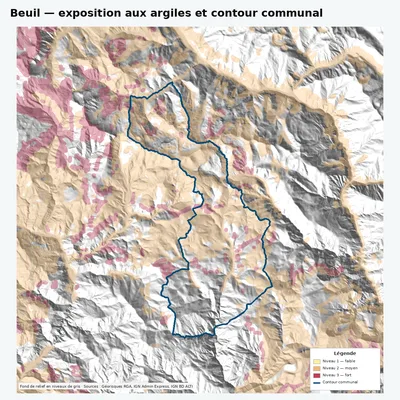 Carte argiles RGA de Beuil avec contour communal