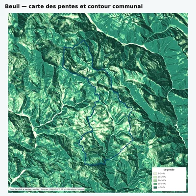 Carte des pentes de Beuil avec contour communal