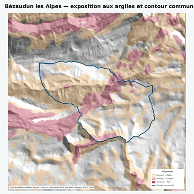Carte argiles RGA de Bézaudun les Alpes avec contour communal