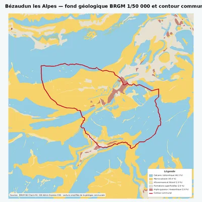 Carte géologique BRGM de Bézaudun les Alpes avec contour communal
