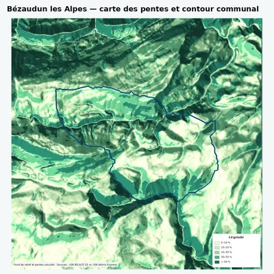 Carte des pentes de Bézaudun les Alpes avec contour communal