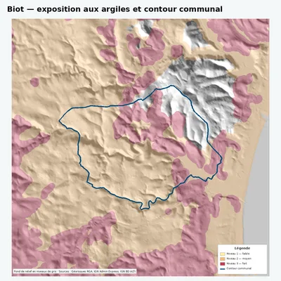 Carte argiles RGA de Biot avec contour communal