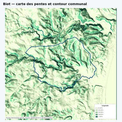 Carte des pentes de Biot avec contour communal