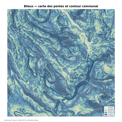 Carte des pentes sur la commune de Blieux