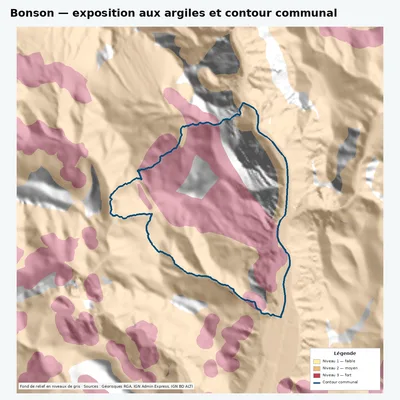 Carte argiles RGA de Bonson avec contour communal