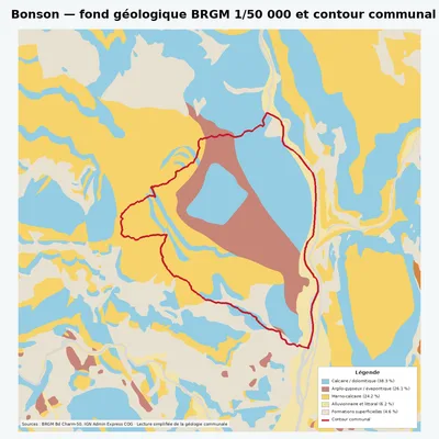 Carte géologique BRGM de Bonson avec contour communal