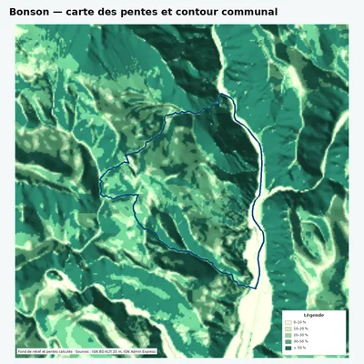 Carte des pentes de Bonson avec contour communal