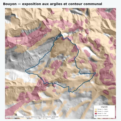 Carte argiles RGA de Bouyon avec contour communal