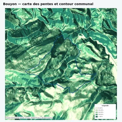 Carte des pentes de Bouyon avec contour communal