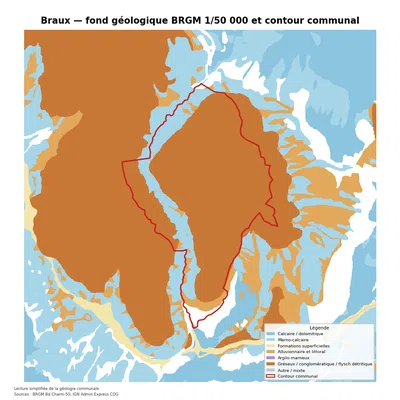 Carte géologique BRGM de Braux avec contour communal