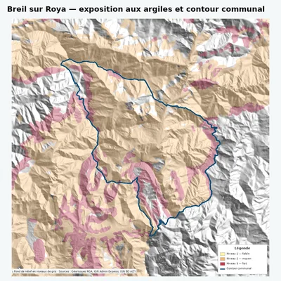 Carte argiles RGA de Breil sur Roya avec contour communal