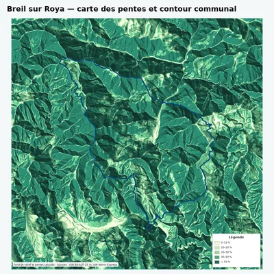 Carte des pentes de Breil sur Roya avec contour communal