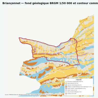 Carte géologique BRGM de Briançonnet avec contour communal