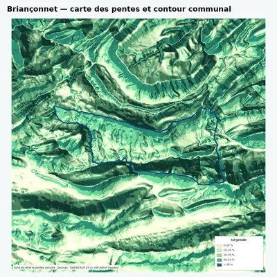 Carte des pentes de Briançonnet avec contour communal