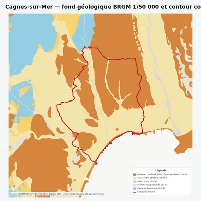 Carte géologique BRGM de Cagnes-sur-Mer avec contour communal