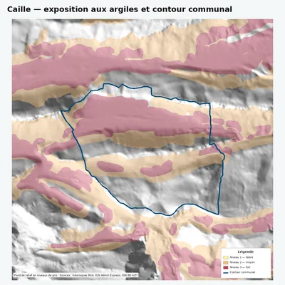 Carte argiles RGA de Caille avec contour communal