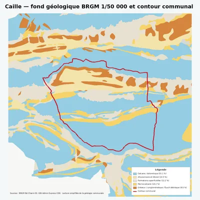 Carte géologique BRGM de Caille avec contour communal